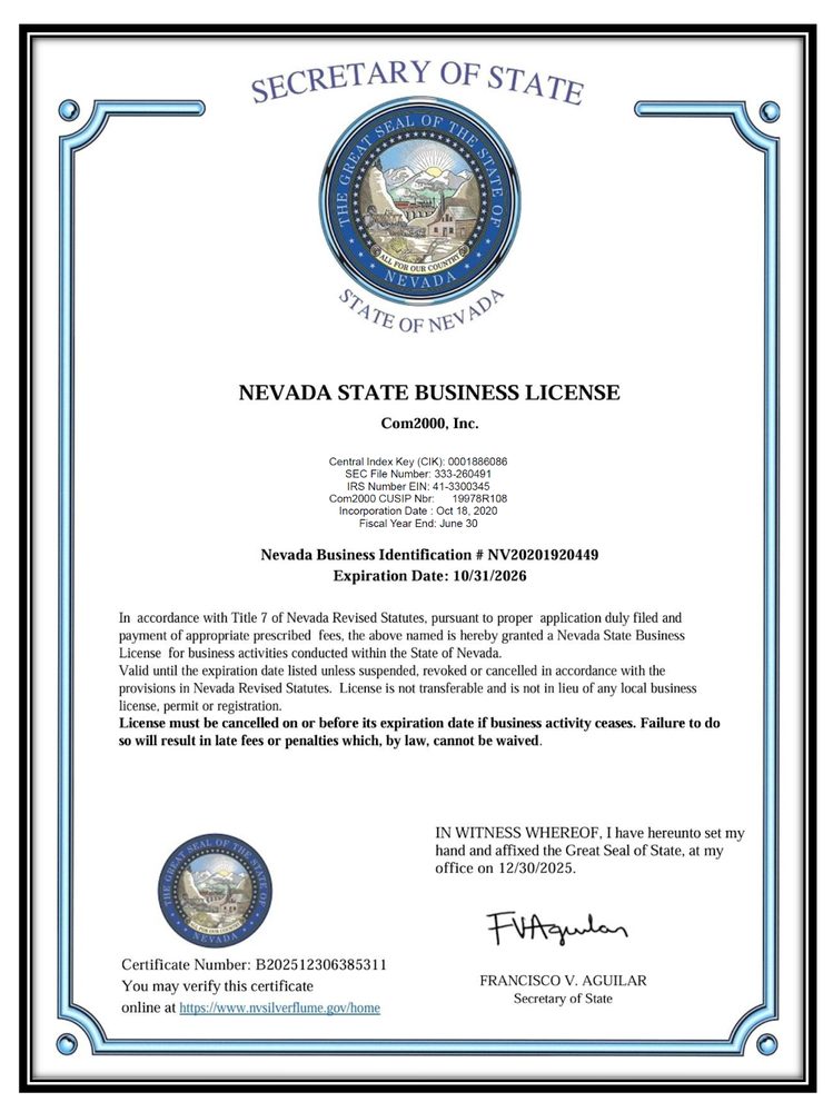 Com2000 Inc. — Nevada State Business License